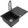 Mexen Bruno 1-bowl granite sink with drainer and kitchen faucet Aster, black/golden metallic - 6513-75-73450-07