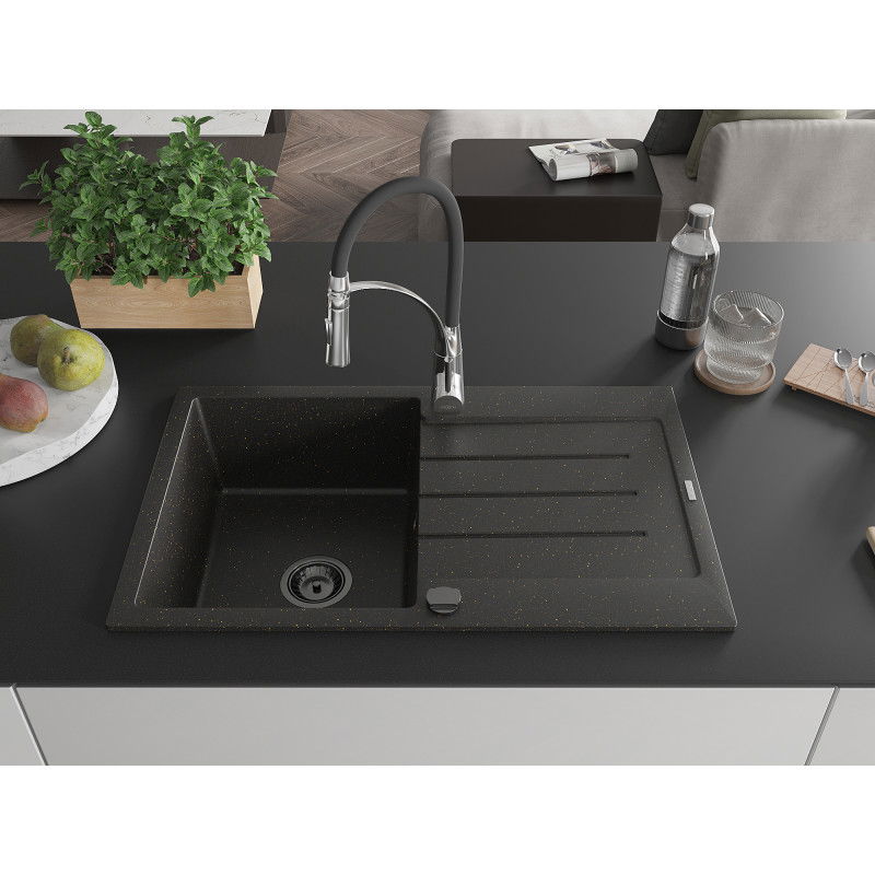 Mexen Bruno granite sink 1-bowl with drainer and Aster kitchen tap, black/gold metallic - 6513-75-73450-07-B