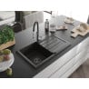 Mexen Bruno granite sink 1-bowl with drainer and Aster kitchen tap, black/gold metallic - 6513-75-73450-07-B