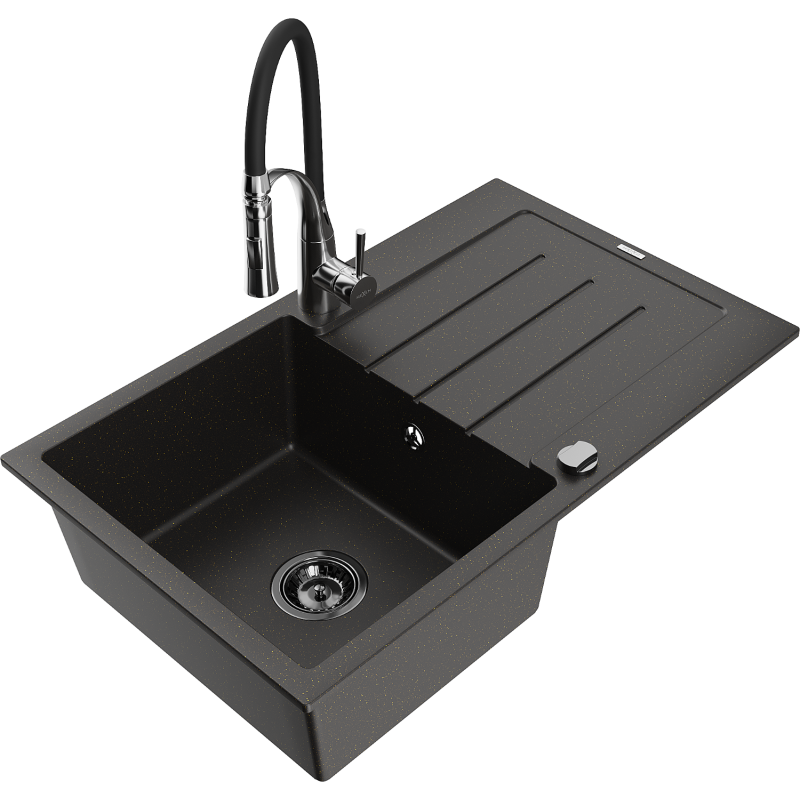 Mexen Bruno fregadero de granito de 1 seno con escurridor y grifo de cocina Aster, negro/dorado metálico - 6513-75-73450-07-B