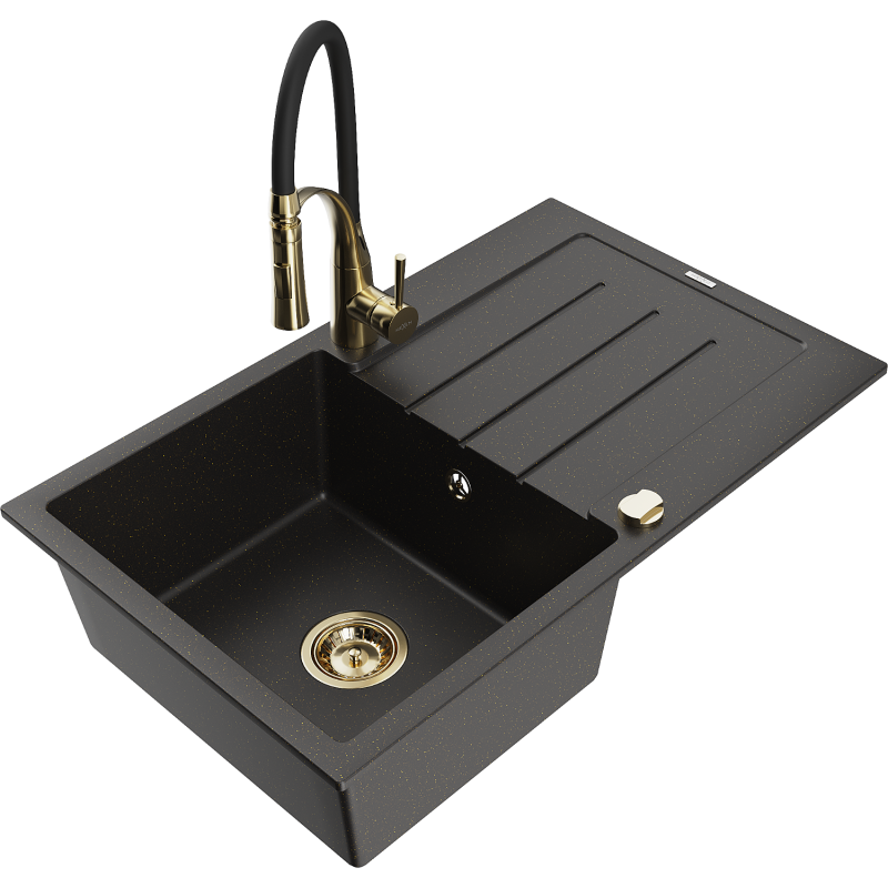Mexen Bruno granieten gootsteen met 1 bak en afdruiprek en Astere keukenkraan, zwart/goud metallic - 6513-75-73450-57-G