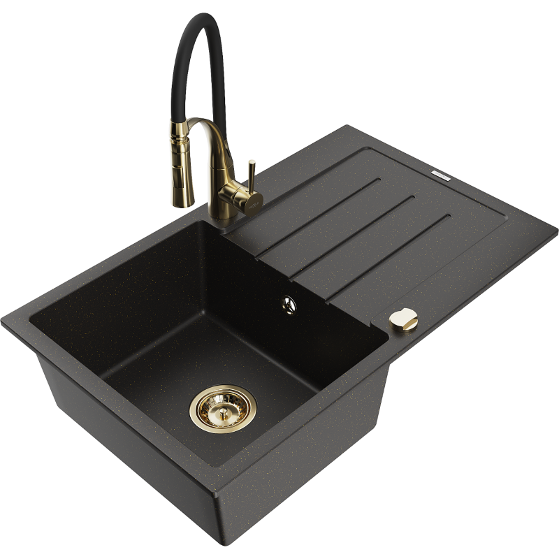 Mexen Bruno Graniittinen 1-allas tiskiallas kuivaimella ja keittiöhanalla Aster, musta/kultainen metallihohto