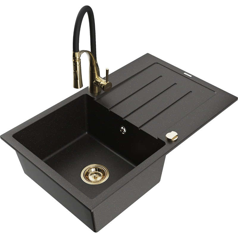 Mexen Bruno granitische spoelbak 1-kompartement met afdruiprek en keukenkraan Aster, zwart/goud metallic - 6513-75-73450-57-G