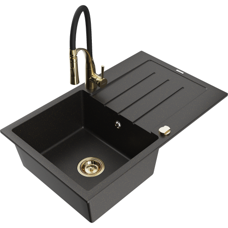 Mexen Bruno Granitspüle 1-Becken mit Abtropffläche und Küchenarmatur Aster, schwarz/gold metallisch - 6513-75-73450-57-G