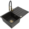 Mexen Bruno granieten gootsteen met 1 bak en afdruiprek en Astere keukenkraan, zwart/goud metallic - 6513-75-73450-57-G