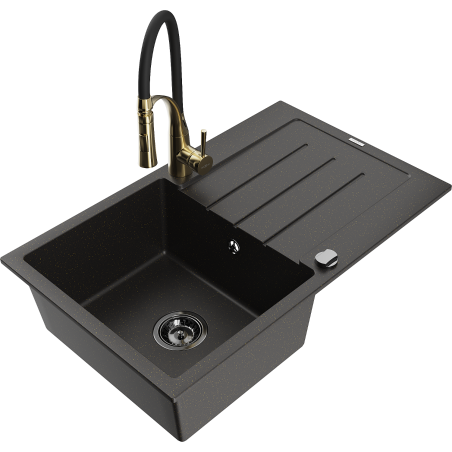 Mexen Bruno granite kitchen sink 1-bowl with drainer and Aster kitchen mixer, black/gold metallic - 6513-75-73450-57-B