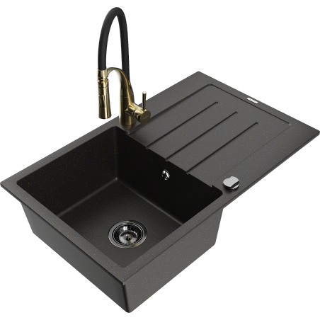 Mexen Bruno Granitspüle 1-Becken mit Abtropffläche und Küchenarmatur Aster, schwarz/goldener Metallic - 6513-75-73450-57-B