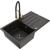 Mexen Bruno granite kitchen sink 1-bowl with drainer and Aster kitchen mixer, black/gold metallic - 6513-75-73450-57-B