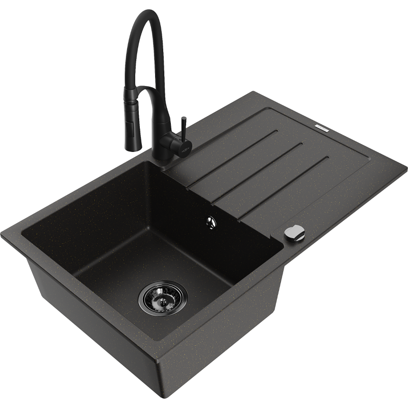 Mexen Bruno fregadero de granito de 1 cubeta con escurridor y grifo de cocina Aster, negro/dorado metálico - 6513-75-73450-70-B