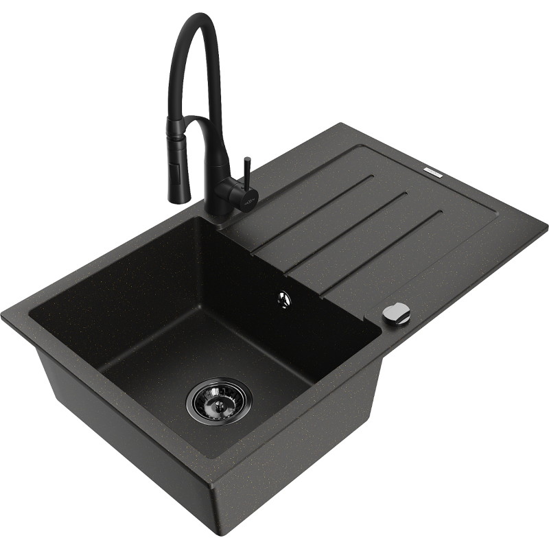 Mexen Bruno fregadero de granito de 1 tazón con escurridor y grifo de cocina Aster, negro/metálico dorado - 6513-75-73450-70-B