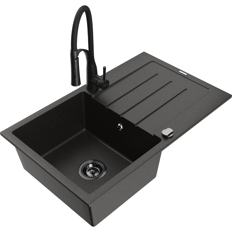 Mexen Bruno lavello da cucina in granito a 1 vasca con sgocciolatoio e rubinetto Aster, nero/oro metallizzato
