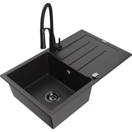 Mexen Bruno fregadero de granito de 1 cubeta con escurridor y grifo de cocina Aster, negro/dorado metálico - 6513-75-73450-70-B