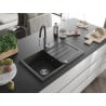 Mexen Bruno Granitspüle 1-Becken mit Abtropffläche und Küchenarmatur Aster, schwarz gesprenkelt - 6513-76-73450-07