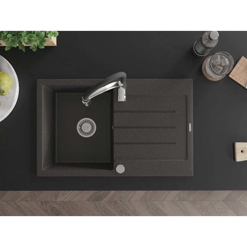Mexen Bruno 1-bowl granite sink with drainer and kitchen faucet Aster, speckled black - 6513-76-73450-07