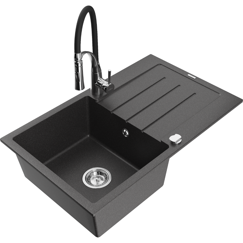 Mexen Bruno granite kitchen sink 1-bowl with drainer and Aster kitchen tap, speckled black - 6513-76-73450-07