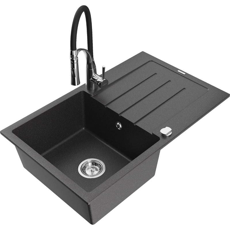 Mexen Bruno Granitspüle 1-Becken mit Abtropffläche und Küchenarmatur Aster, schwarz gesprenkelt - 6513-76-73450-07