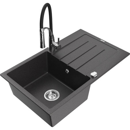 Mexen Bruno fregadero de granito de 1 seno con escurridor y grifo de cocina Aster, negro moteado - 6513-76-73450-07