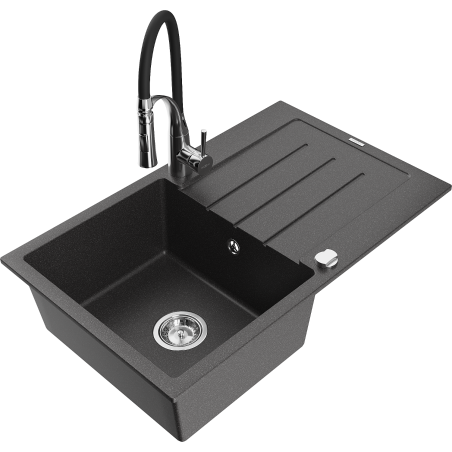Mexen Bruno granite kitchen sink 1-bowl with drainer and Aster kitchen tap, speckled black - 6513-76-73450-07