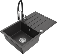 Mexen Bruno granite kitchen sink 1-bowl with drainer and Aster kitchen tap, speckled black - 6513-76-73450-07