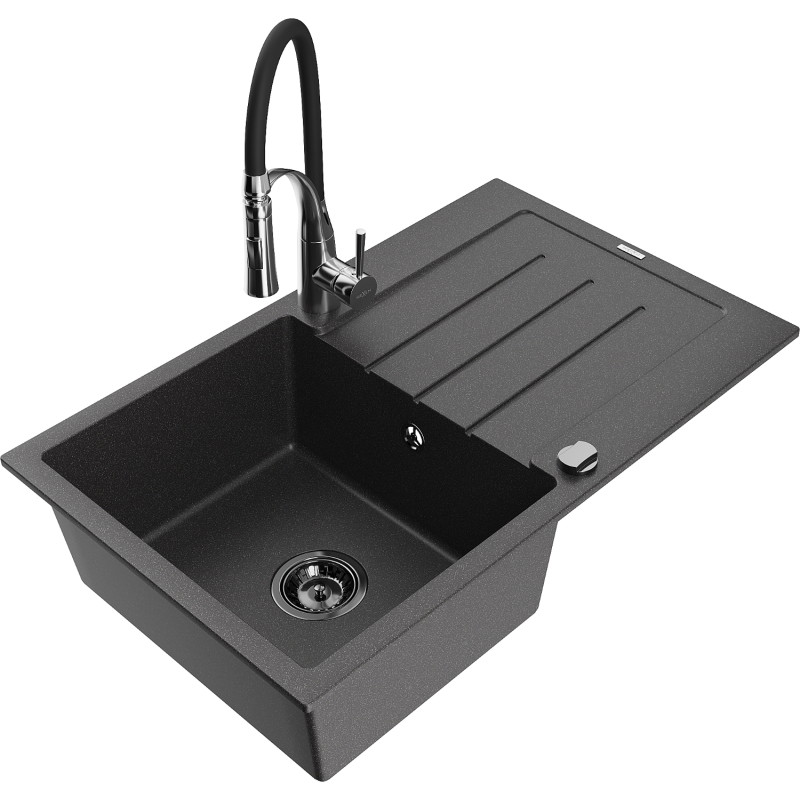 Mexen Bruno fregadero de granito de 1 compartimento con escurridor y grifo de cocina Aster, negro moteado - 6513-76-73450-07-B