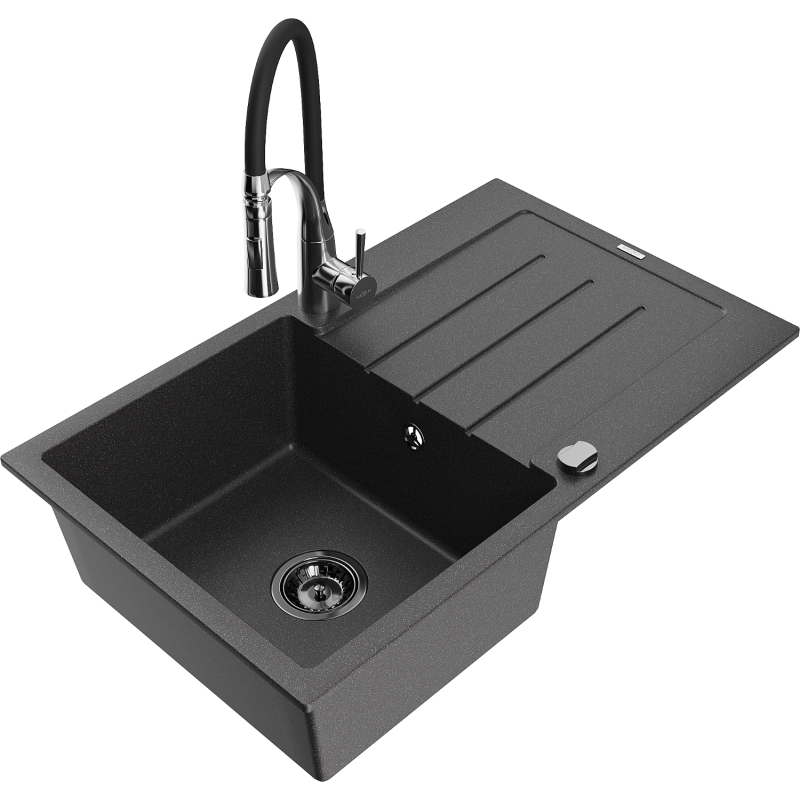 Mexen Bruno fregadero de granito de 1 cubeta con escurridor y grifo de cocina Aster, negro moteado - 6513-76-73450-07-B
