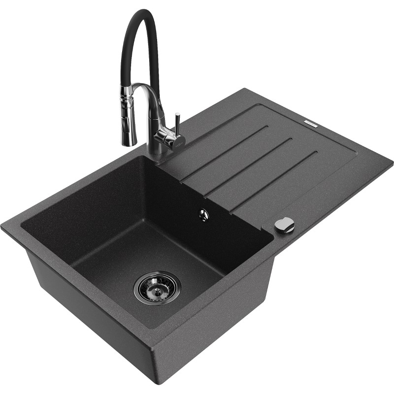 Mexen Bruno granite sink 1-bowl with drainer and Aster kitchen tap, speckled black - 6513-76-73450-07-B