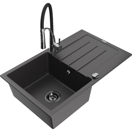 Mexen Bruno granite sink 1-bowl with drainer and Aster kitchen tap, speckled black - 6513-76-73450-07-B