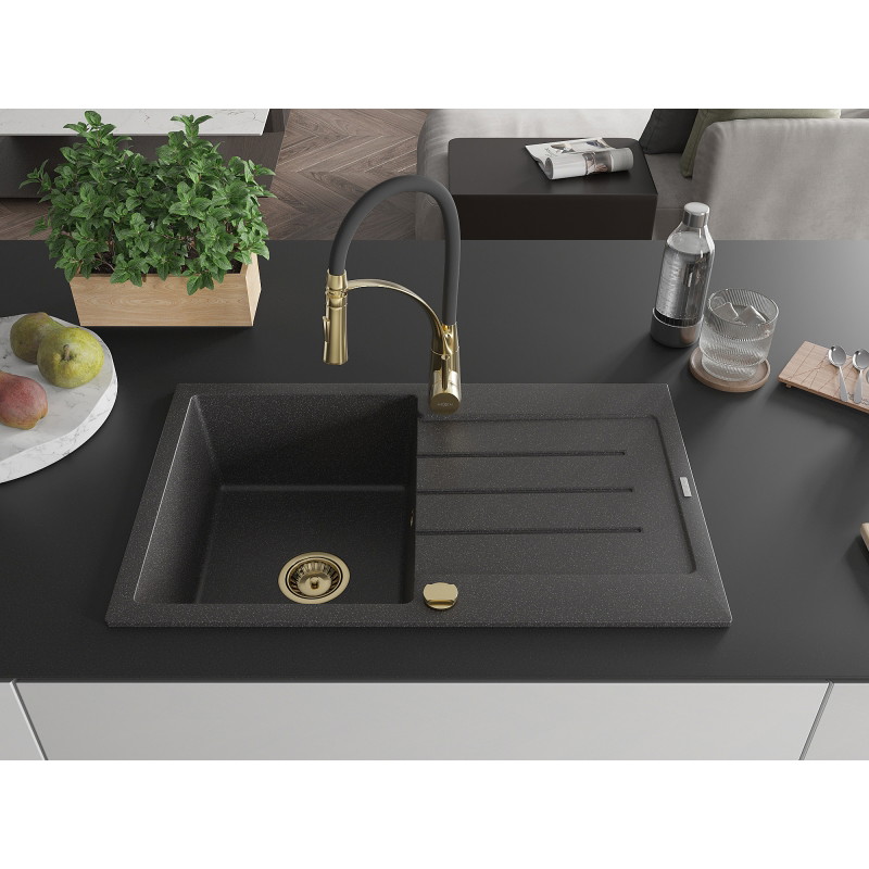 Mexen Bruno fregadero de granito de 1 seno con escurridor y grifo de cocina Aster, negro moteado - 6513-76-73450-57-G