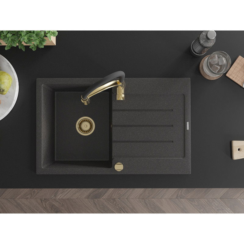 Mexen Bruno 1-Komponenten Granitspüle mit Abtropffläche und Küchenarmatur Aster, schwarz gesprenkelt - 6513-76-73450-57-G
