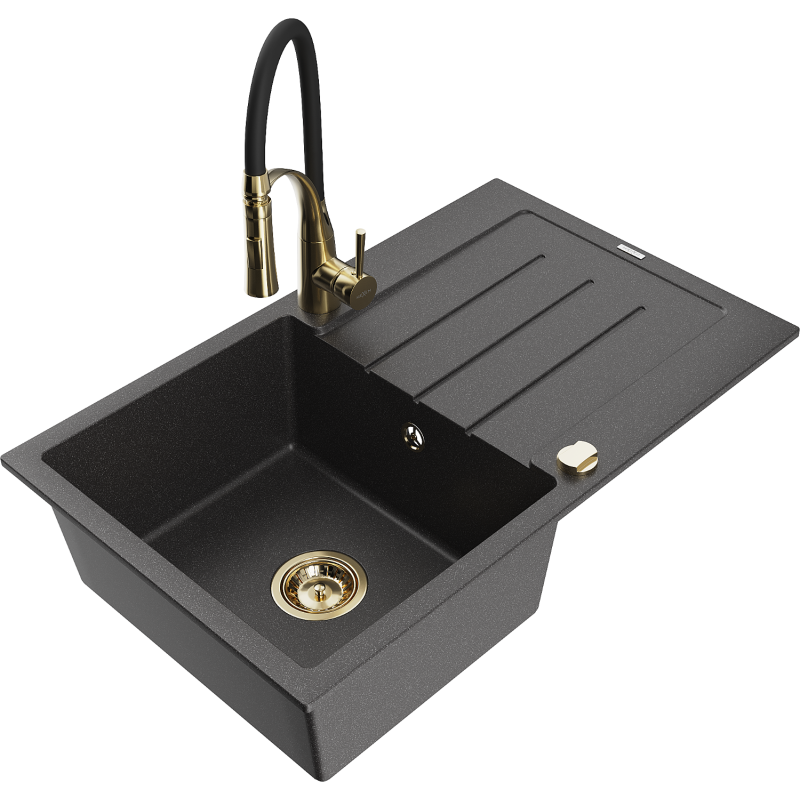 Mexen Bruno fregadero de granito de 1 cubeta con escurridor y grifo de cocina Aster, negro moteado - 6513-76-73450-57-G