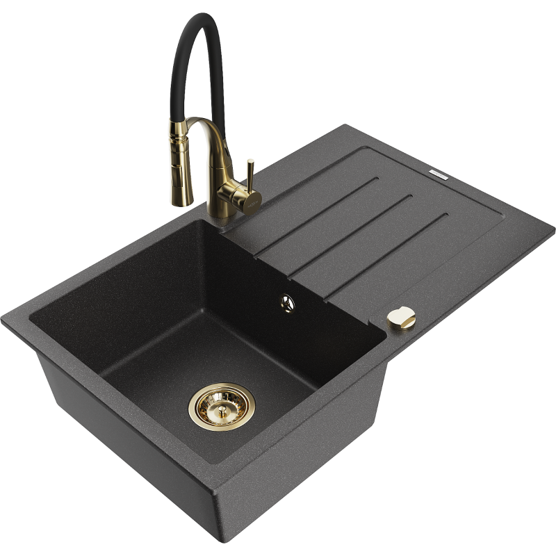 Mexen Bruno granite sink 1-bowl with drainer and Aster kitchen tap, black speckled - 6513-76-73450-57-G