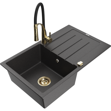 Mexen Bruno granite sink 1-bowl with drainer and Aster kitchen tap, black speckled - 6513-76-73450-57-G
