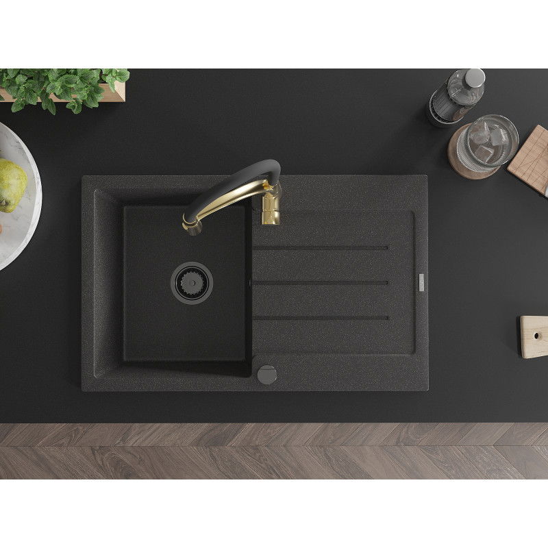 Mexen Bruno fregadero de granito de 1 seno con escurridor y grifo de cocina Aster, negro moteado - 6513-76-73450-57-B
