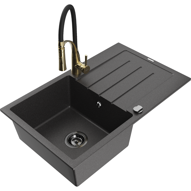 Mexen Bruno 1-bowl granite sink with drainer and Aster kitchen tap, black speckled - 6513-76-73450-57-B