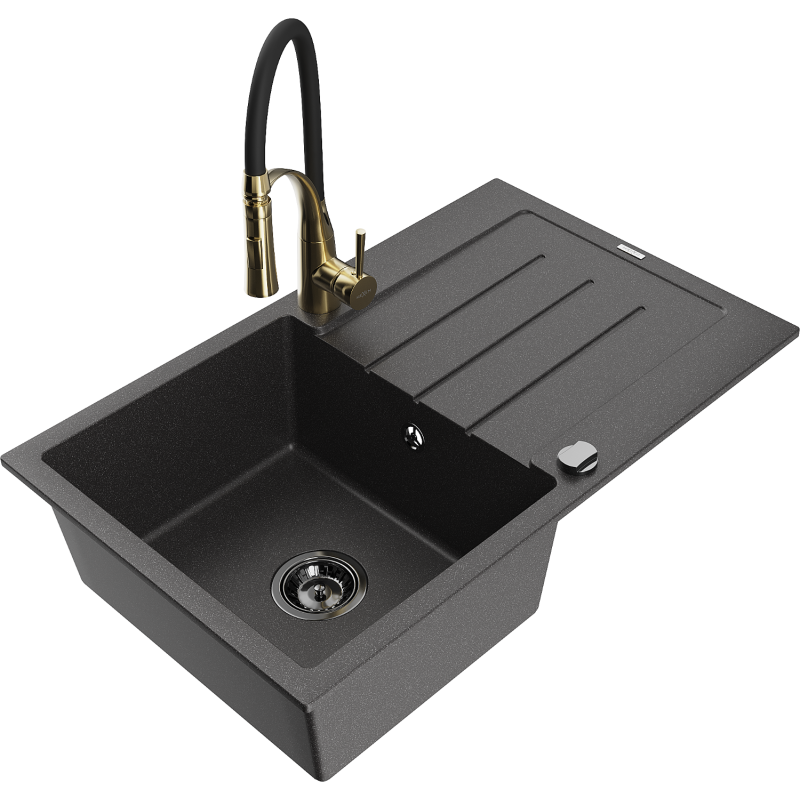 Mexen Bruno fregadero de granito de 1 seno con escurridor y grifo de cocina Aster, negro moteado - 6513-76-73450-57-B