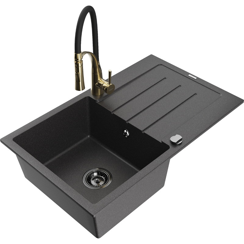 Mexen Bruno lavello da cucina in granito 1 vasca con gocciolatoio e rubinetto cucina Aster, nero maculato - 6513-76-73450-57-B