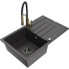 Mexen Bruno 1-bowl granite sink with drainer and Aster kitchen tap, black speckled - 6513-76-73450-57-B