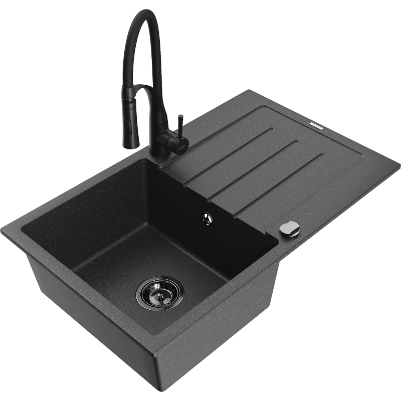 Mexen Bruno fregadero de granito de 1 seno con escurridor y grifo de cocina Aster, negro moteado - 6513-76-73450-70-B
