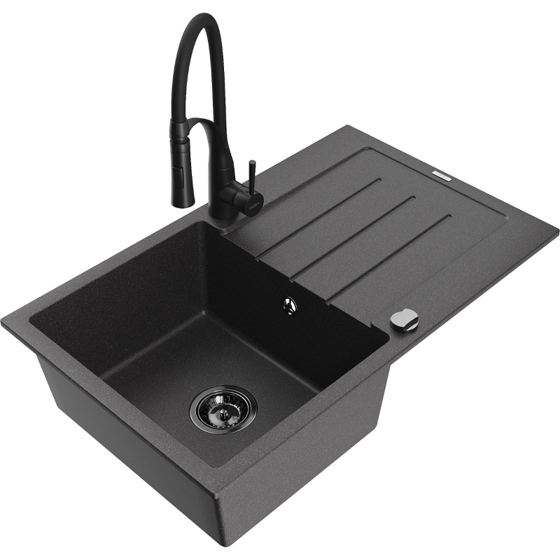 Mexen Bruno granite kitchen sink 1-bowl with drainer and Aster kitchen tap, speckled black - 6513-76-73450-70-B