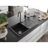 Mexen Bruno granite sink 1-bowl with drainer and Aster kitchen tap, black - 6513-77-73450-07