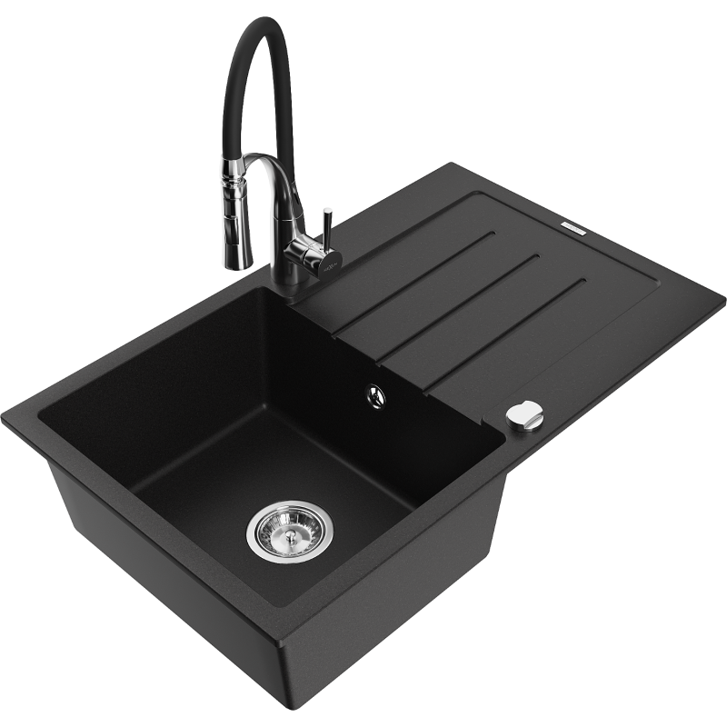 Mexen Bruno fregadero de granito de 1 seno con escurridor y grifo de cocina Aster, negro - 6513-77-73450-07