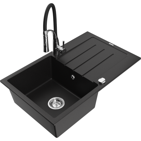 Mexen Bruno fregadero de granito de 1 seno con escurridor y grifo de cocina Aster, negro - 6513-77-73450-07