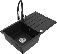Mexen Bruno fregadero de granito de 1 seno con escurridor y grifo de cocina Aster, negro - 6513-77-73450-07