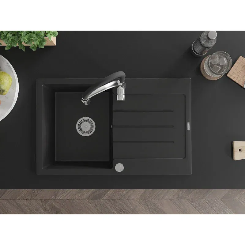 Mexen Bruno Granitspüle 1-becken mit Abtropffläche und Küchenarmatur Aster, schwarz - 6513-77-73450-07