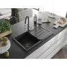 Mexen Bruno granite sink 1-bowl with drainer and Aster kitchen tap, black - 6513-77-73450-07-B