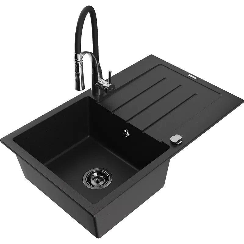 Mexen Bruno granite sink 1-bowl with drainer and Aster kitchen tap, black - 6513-77-73450-07-B
