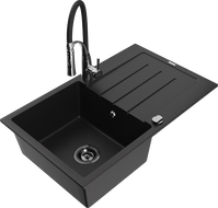 Mexen Bruno Granitspüle 1-Becken mit Abtropffläche und Küchenarmatur Aster, schwarz - 6513-77-73450-07-B