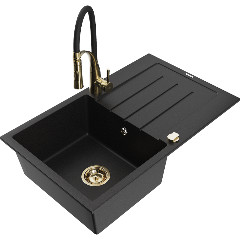 Mexen Bruno fregadero de granito de 1 compartimento con escurridor y grifo de cocina Aster, negro - 6513-77-73450-57-G