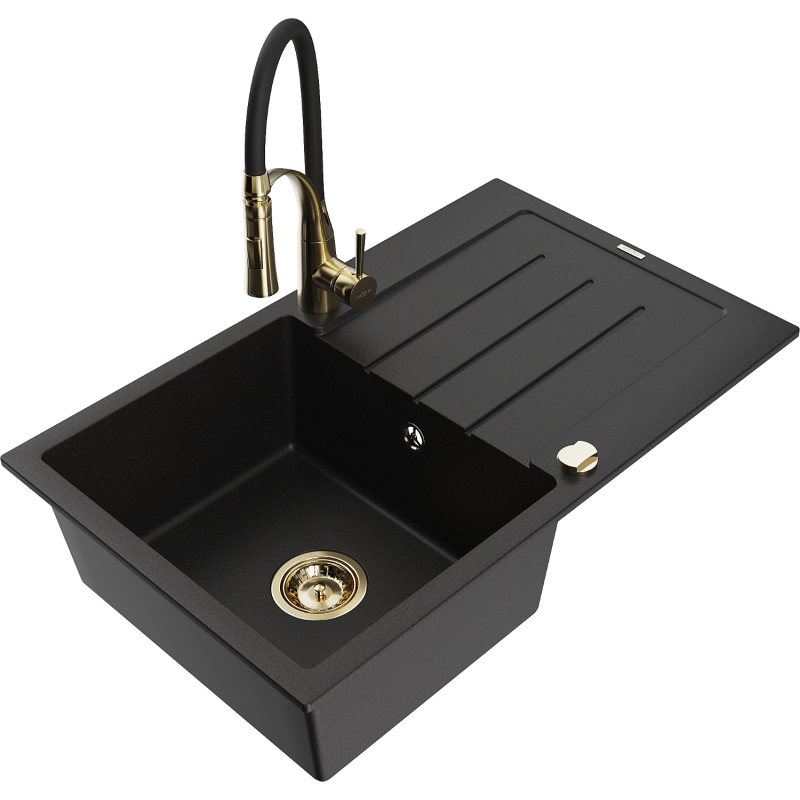 Mexen Bruno granit izlietne ar vienu nodalījumu un noteces paplāti un virtuves jaucējkrānu Aster, melna - 6513-77-73450-57-G