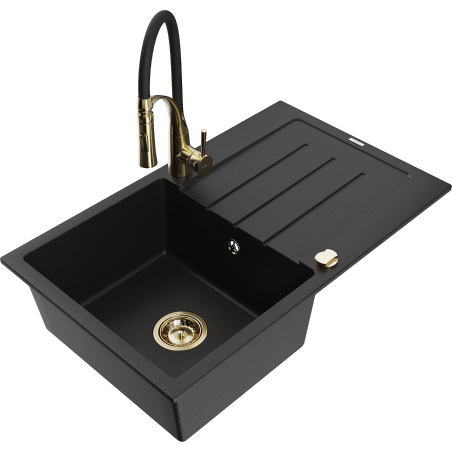 Mexen Bruno fregadero de granito de 1 cubeta con escurridor y grifo de cocina Aster, negro - 6513-77-73450-57-G